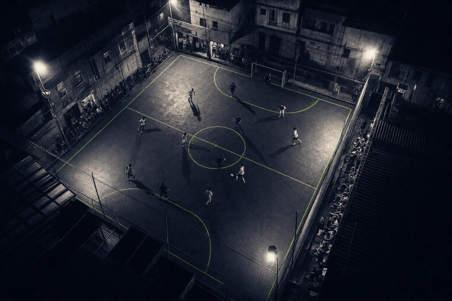 Vista aérea de um campo de futsal urbano iluminado entre prédios à noite