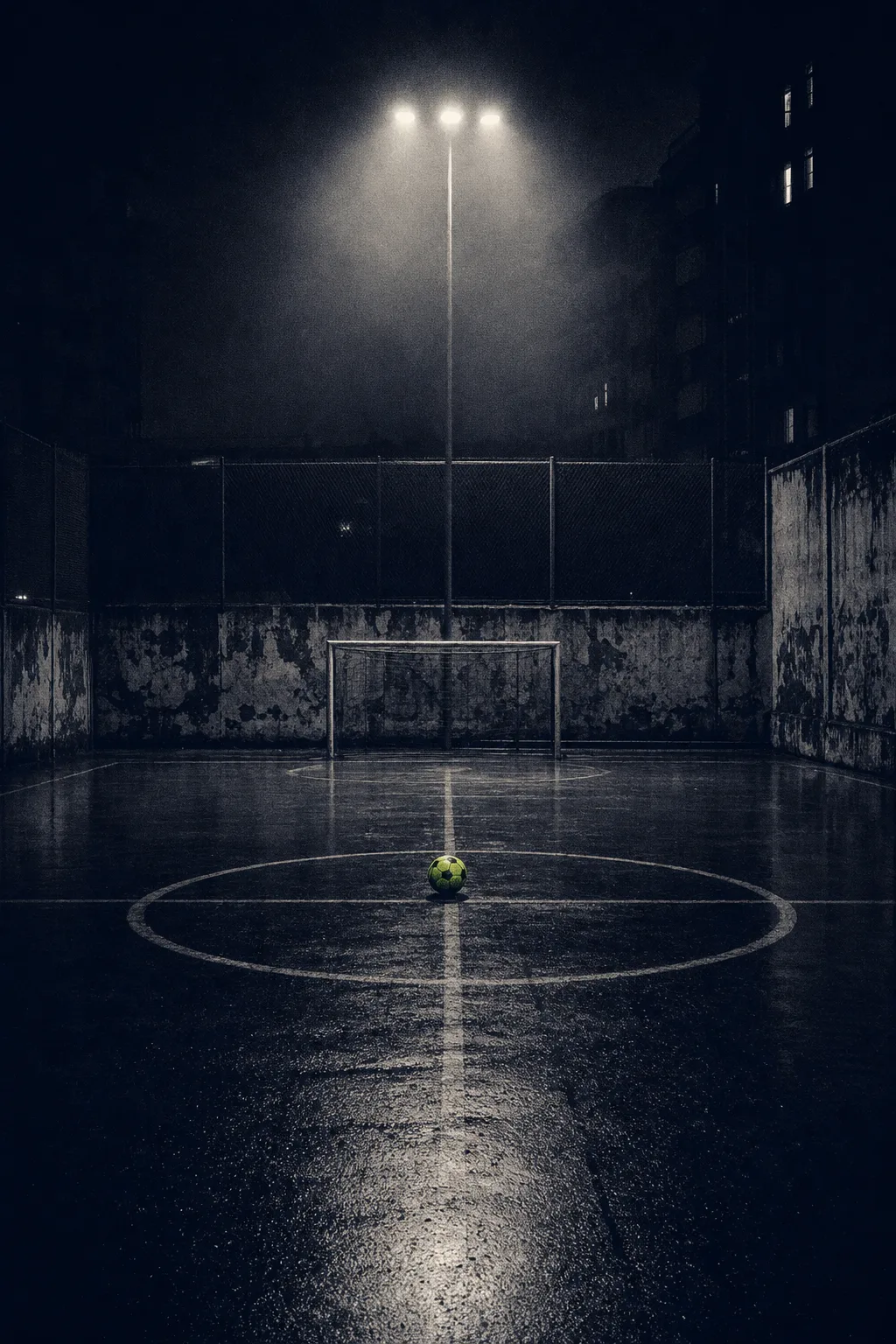 Um campo de futebol urbano vazio à noite, com uma bola deixada no círculo central
