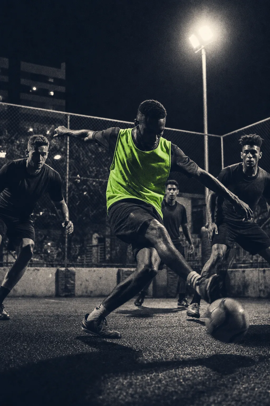 Futebol de cinco num campo urbano gradeado e iluminado à noite