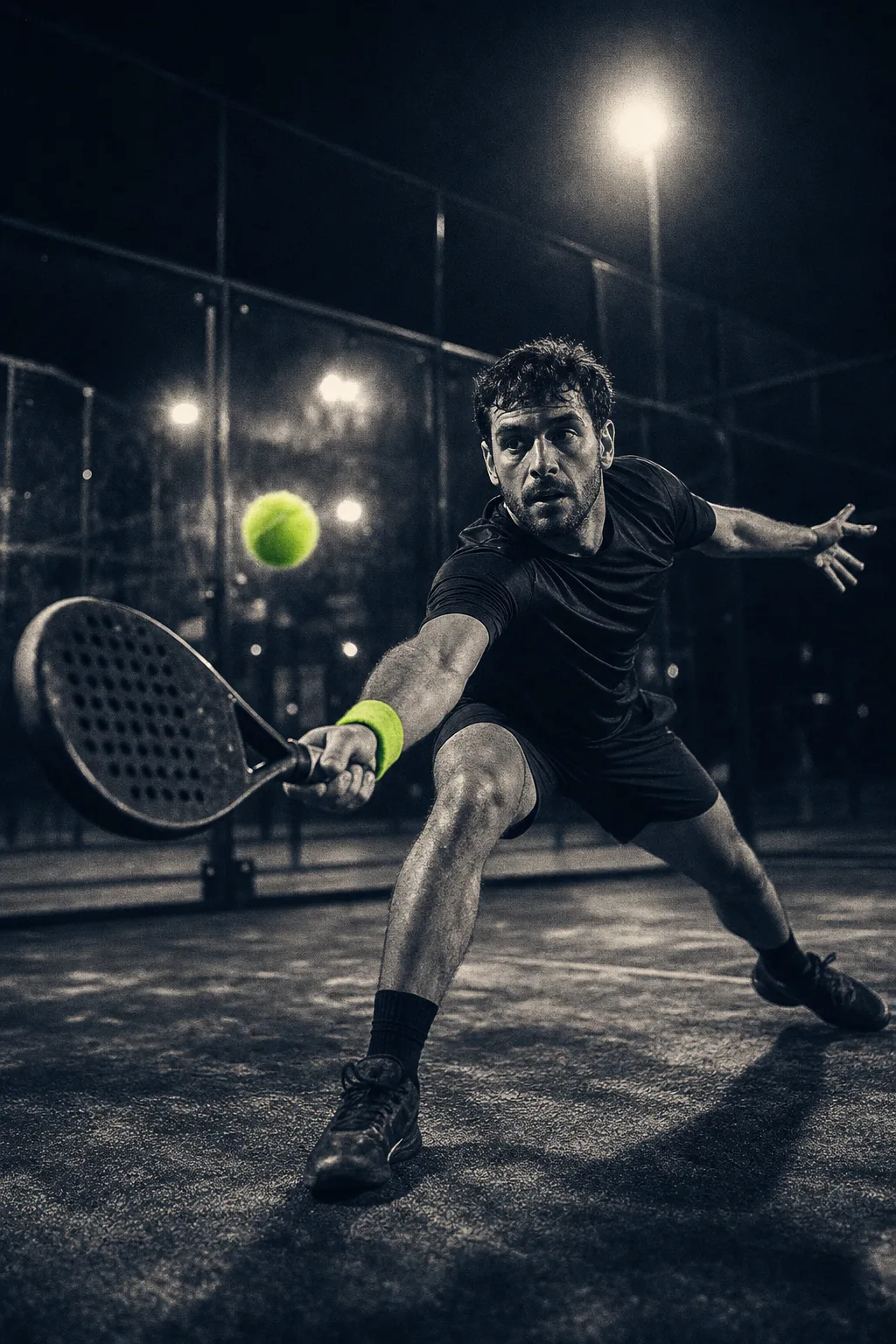 Jogador de padel a esticar-se para uma voleia dentro de um campo de vidro à noite